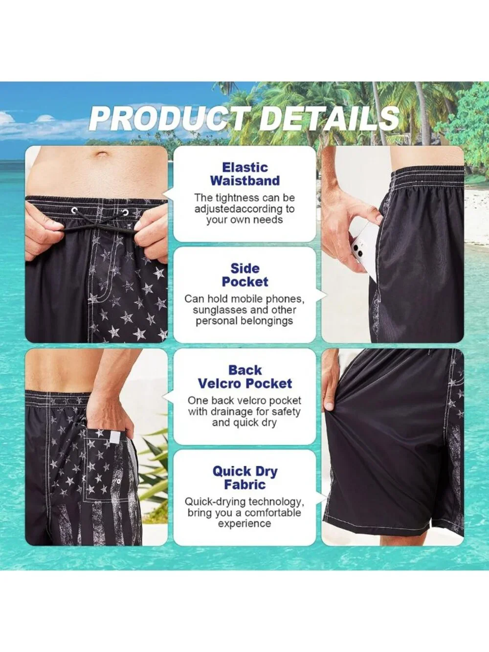 Quick Dry Men's Swim Trunks, Breathable Board Shorts, Big & Tall Beachwear